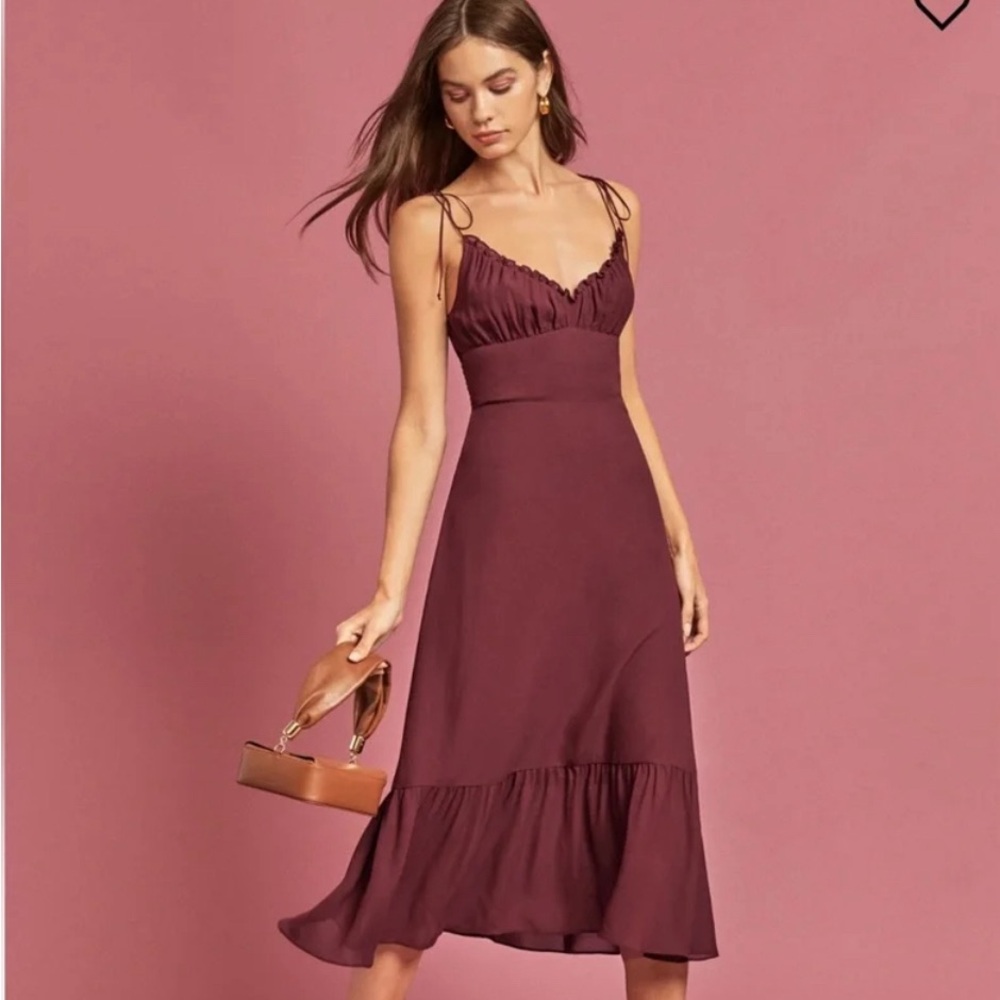 Reformation Embry ruffled shirred georgette midi dress in burgundy